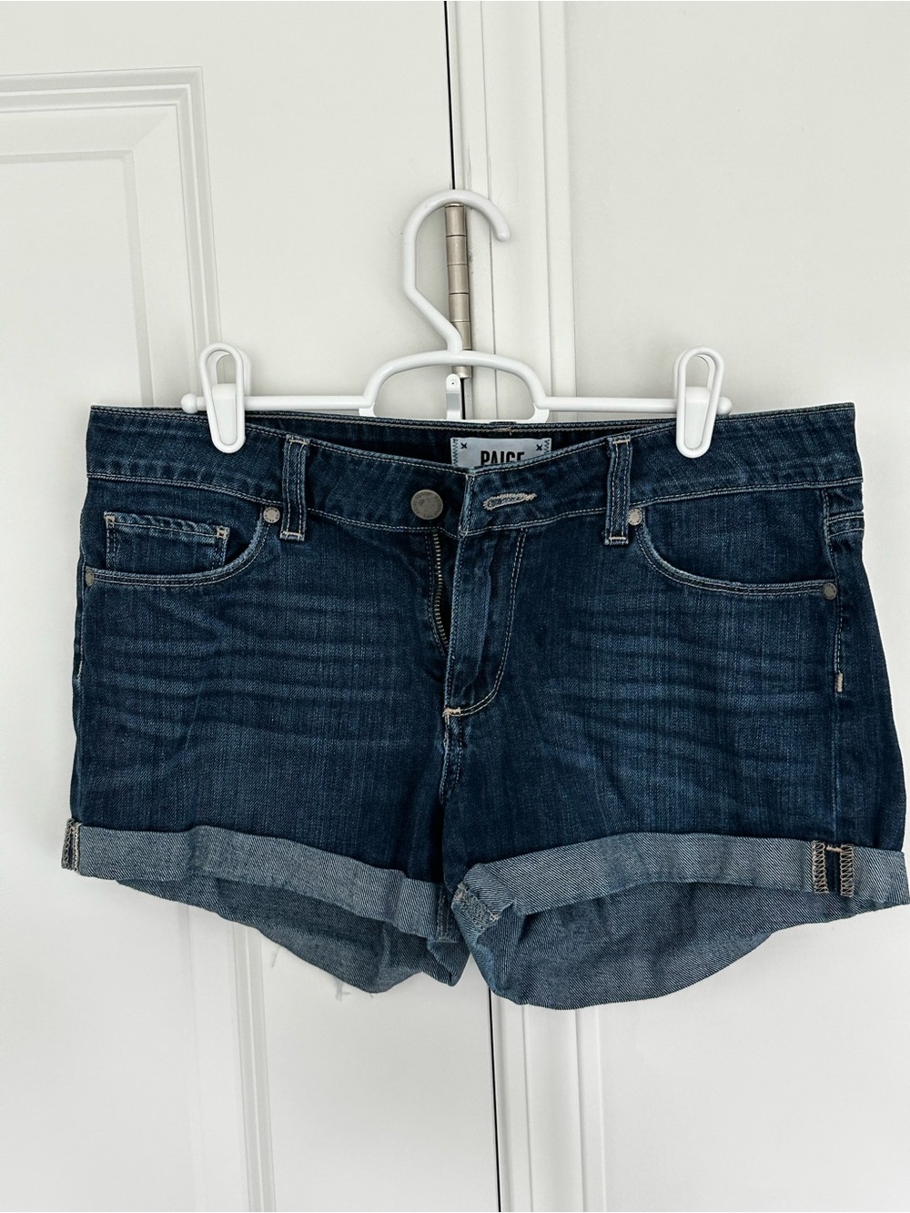 PAIGE Dark Blue Rolled Cuff Denim Shorts